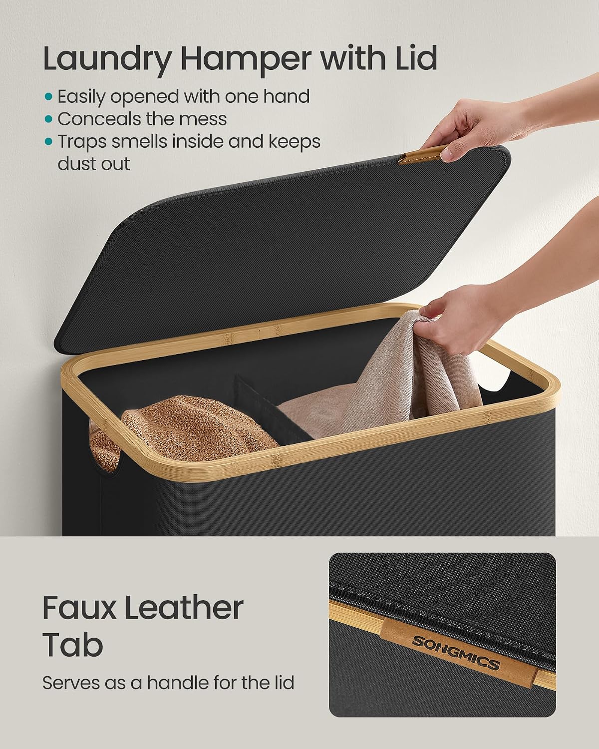 SONGMICS Laundry Hamper with Lid, 140L Laundry Basket, Bamboo Frame