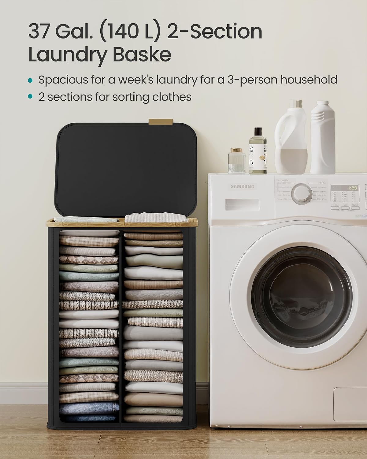 SONGMICS Laundry Hamper with Lid, 140L Laundry Basket, Bamboo Frame
