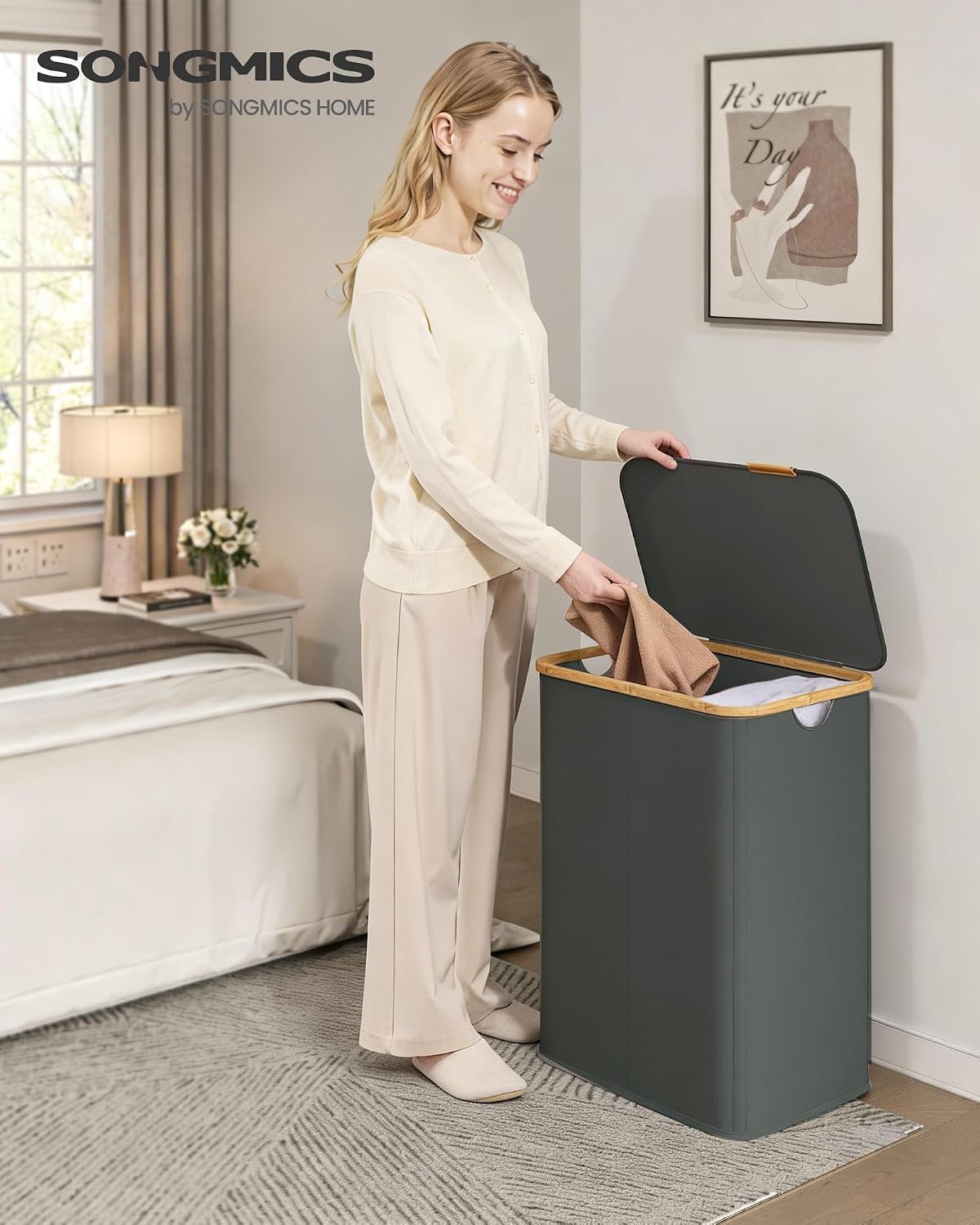 SONGMICS Laundry Hamper with Lid, 140L Laundry Basket, Bamboo Frame