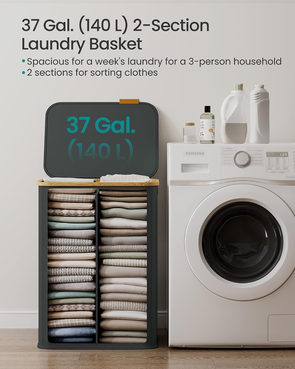 SONGMICS Laundry Hamper with Lid, 140L Laundry Basket, Bamboo Frame