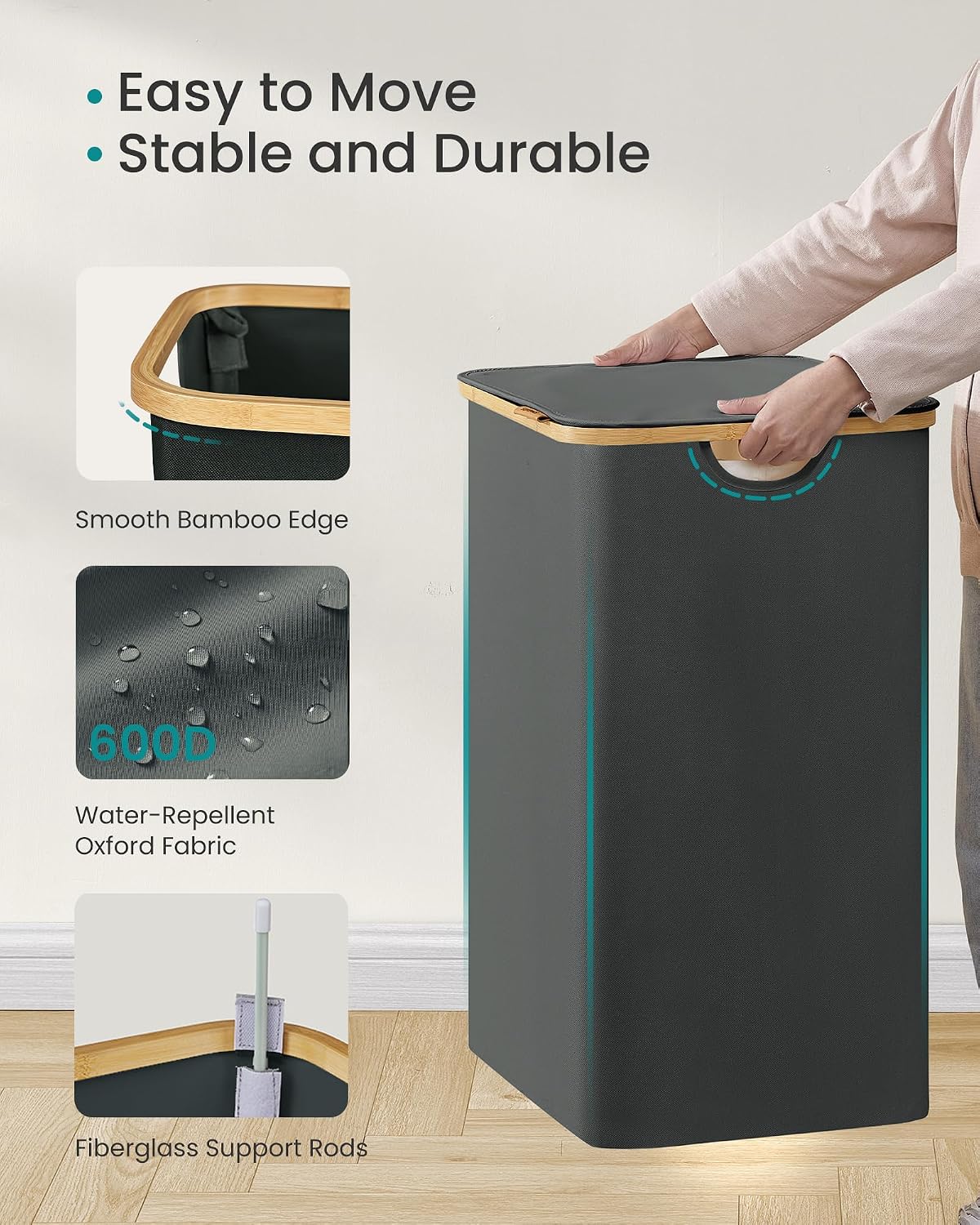 SONGMICS Laundry Hamper with Lid, 140L Laundry Basket, Bamboo Frame