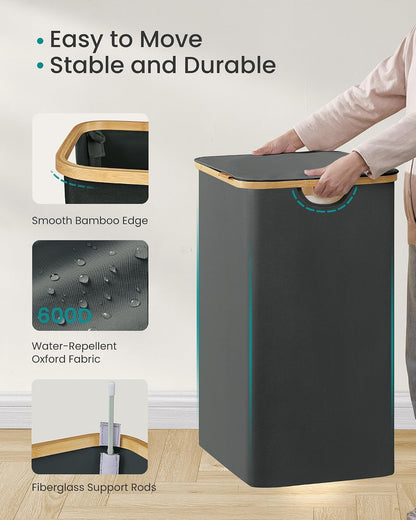 SONGMICS Laundry Hamper with Lid, 140L Laundry Basket, Bamboo Frame