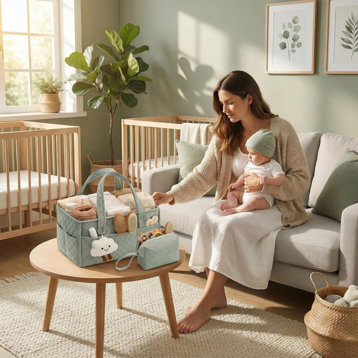 Baby Diaper Caddy Organizer, Baby Basket Shower Gift, Portable Changing Table Basket, Postpartum Caddy & Tote Bag Pouch, Newborn Boy & Girl Nursery Essentials Registry, Car Diaper Organizer