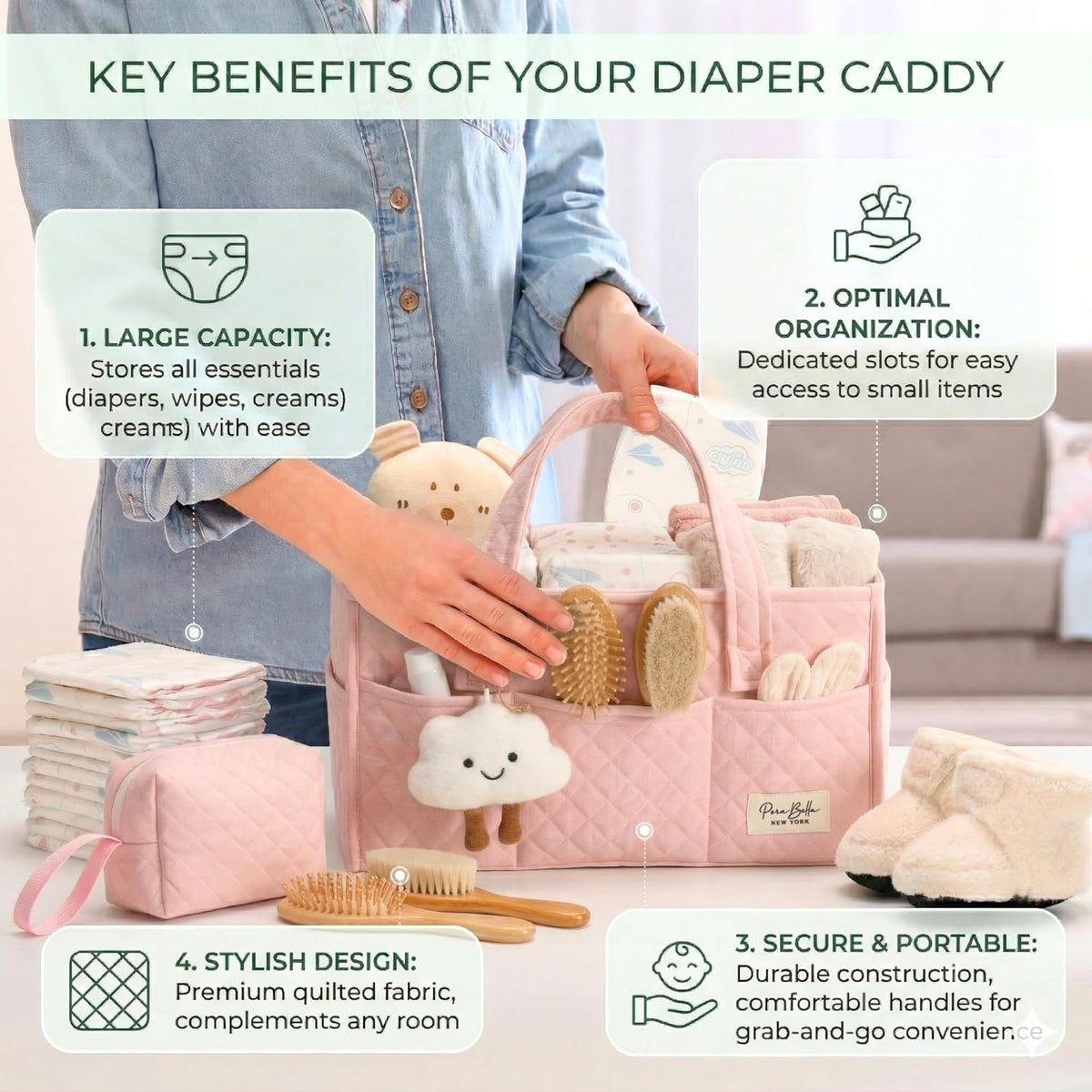 Baby Diaper Caddy Organizer, Baby Basket Shower Gift, Portable Changing Table Basket, Postpartum Caddy & Tote Bag Pouch, Newborn Boy & Girl Nursery Essentials Registry, Car Diaper Organizer