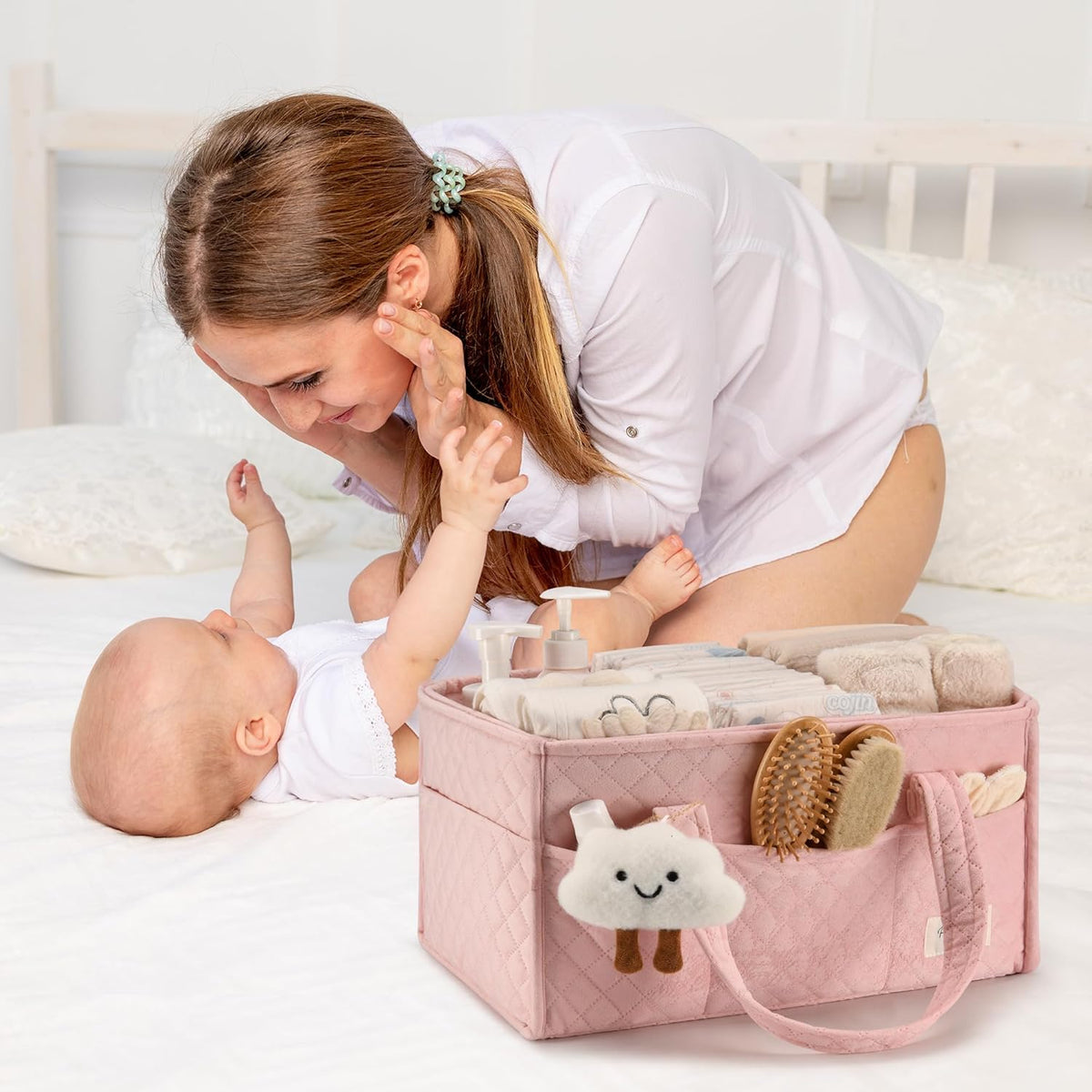 Baby Diaper Caddy Organizer, Baby Basket Shower Gift, Portable Changing Table Basket, Postpartum Caddy & Tote Bag Pouch, Newborn Boy & Girl Nursery Essentials Registry, Car Diaper Organizer