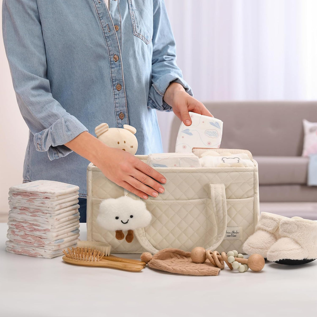 Baby Diaper Caddy Organizer, Baby Basket Shower Gift, Portable Changing Table Basket, Postpartum Caddy & Tote Bag Pouch, Newborn Boy & Girl Nursery Essentials Registry, Car Diaper Organizer