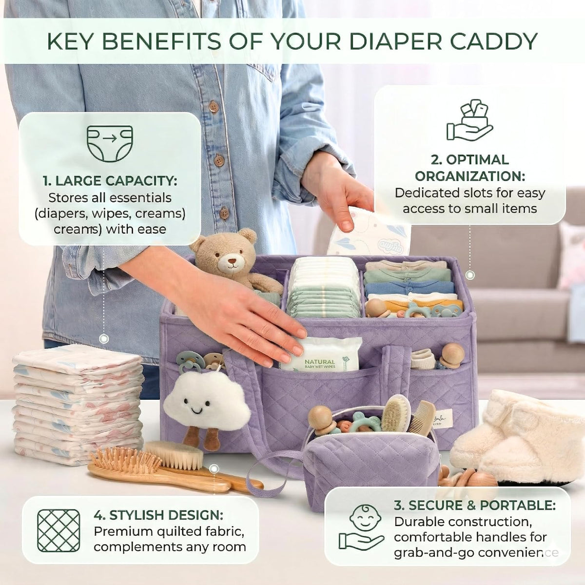 Baby Diaper Caddy Organizer, Baby Basket Shower Gift, Portable Changing Table Basket, Postpartum Caddy & Tote Bag Pouch, Newborn Boy & Girl Nursery Essentials Registry, Car Diaper Organizer