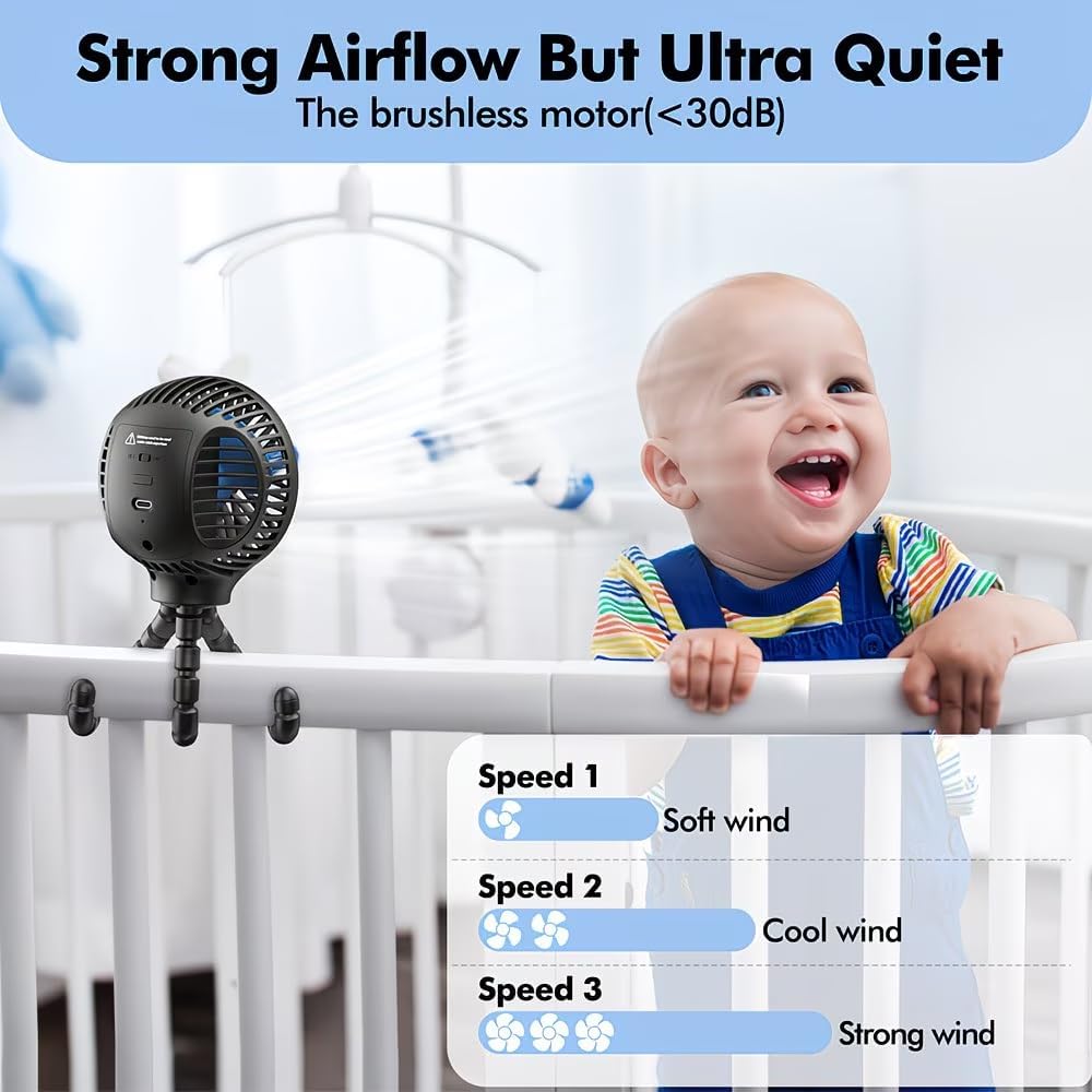 Portable Stroller Fan, 4000mAh Rechargeable Clip on Fan with Flexible Tripod, 3 Speeds Cooling, LED Display, Detachable Grille, Quiet Operation, for Car Seat, Crib & Treadmill Bunk Bed