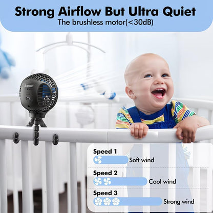 Portable Stroller Fan, 4000mAh Rechargeable Clip on Fan with Flexible Tripod, 3 Speeds Cooling, LED Display, Detachable Grille, Quiet Operation, for Car Seat, Crib & Treadmill Bunk Bed