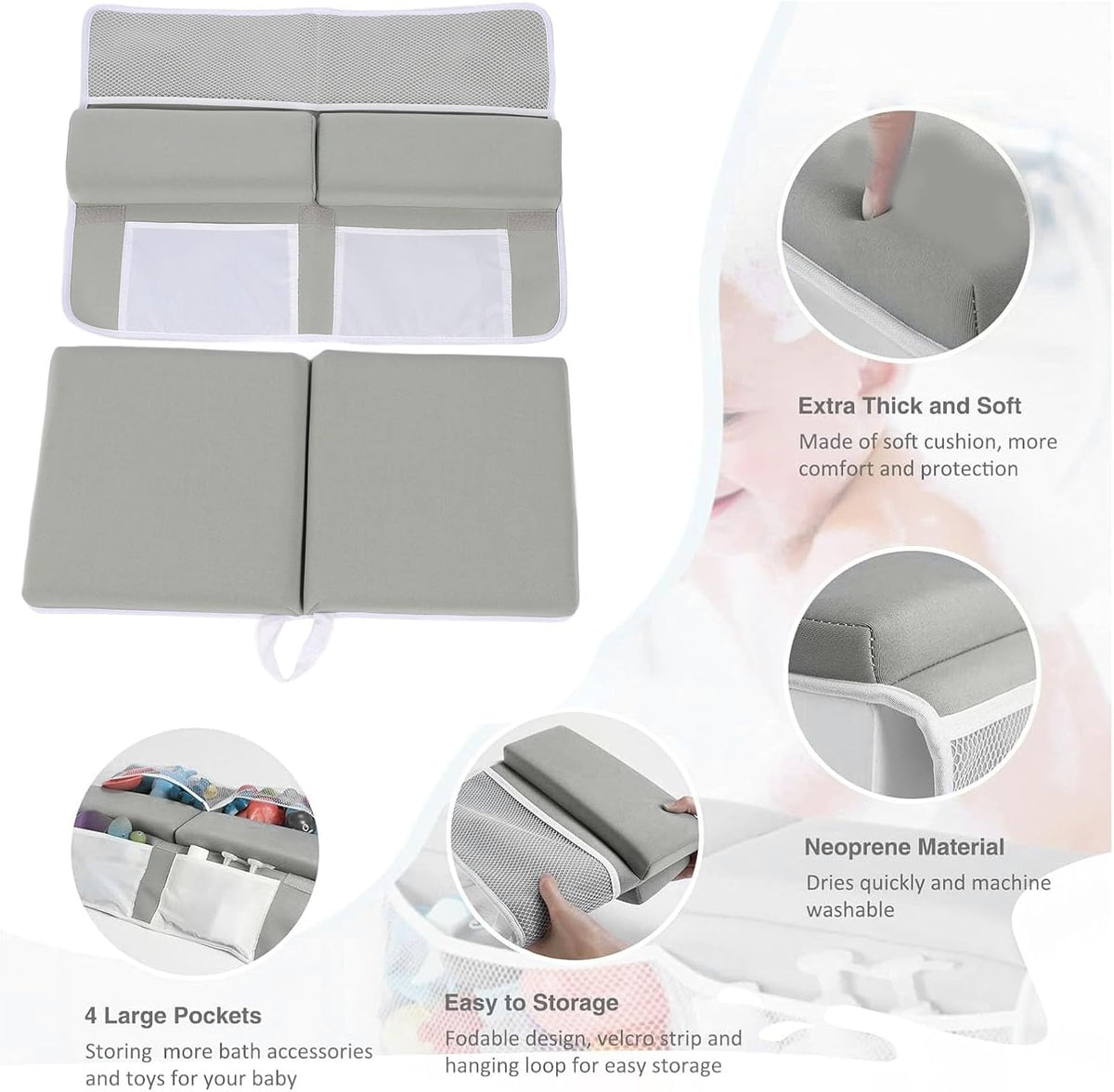 Bath Kneeler and Elbow Rest Pad Set, Non Slip Quickly Drying Thick Baby Bath Kneeler Pads with Large Pocket for Baby and Toddler Bathing