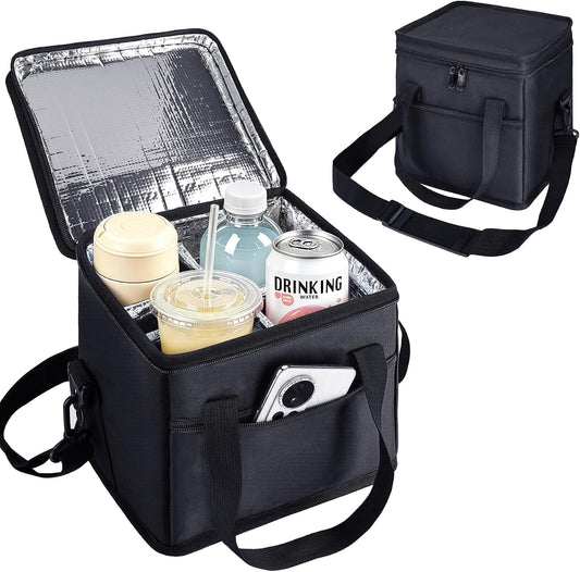 Drink Carrier with Handle for Car, 8.94"L x 8.27"W x 9.49"H, Black | Great for Car/Camping/Commuter Lunches, Customizable Anti-Tip Bottle Caddy, with Two Side Pockets