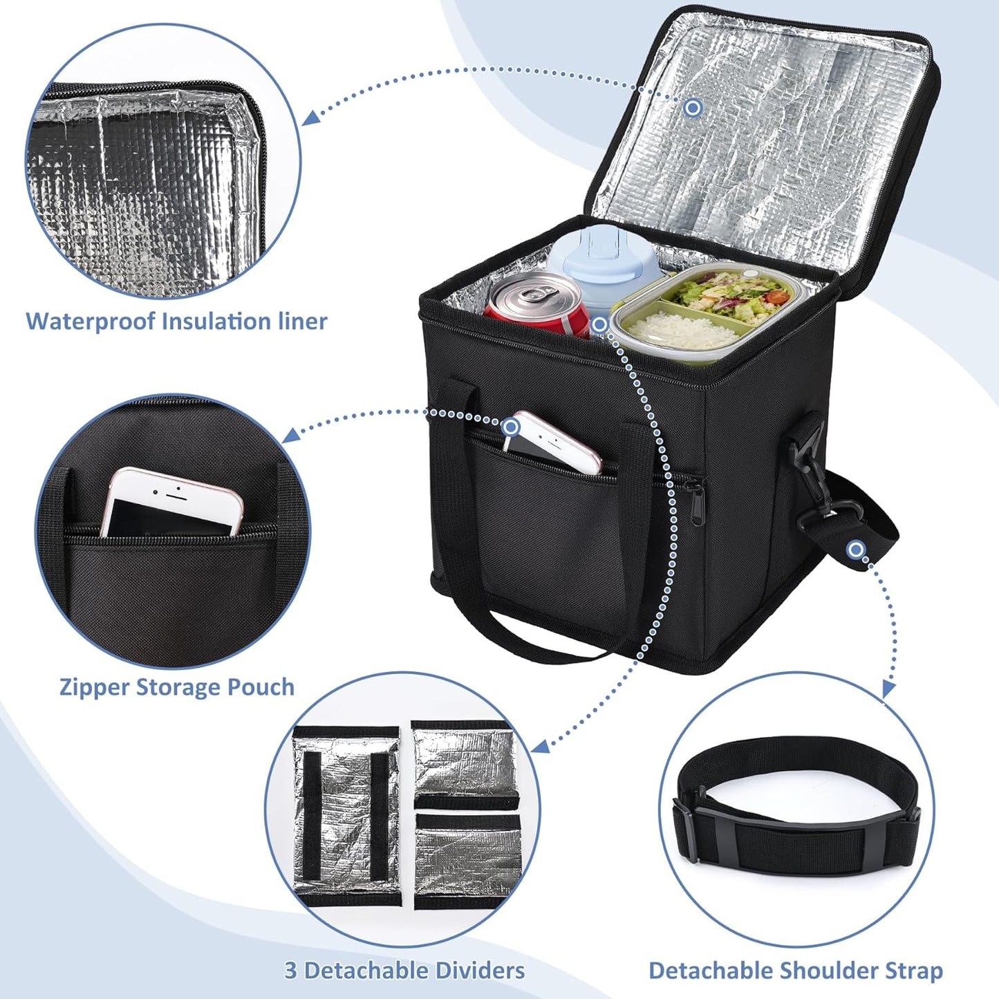 Drink Carrier with Handle for Car, 8.94"L x 8.27"W x 9.49"H, Black | Great for Car/Camping/Commuter Lunches, Customizable Anti-Tip Bottle Caddy, with Two Side Pockets