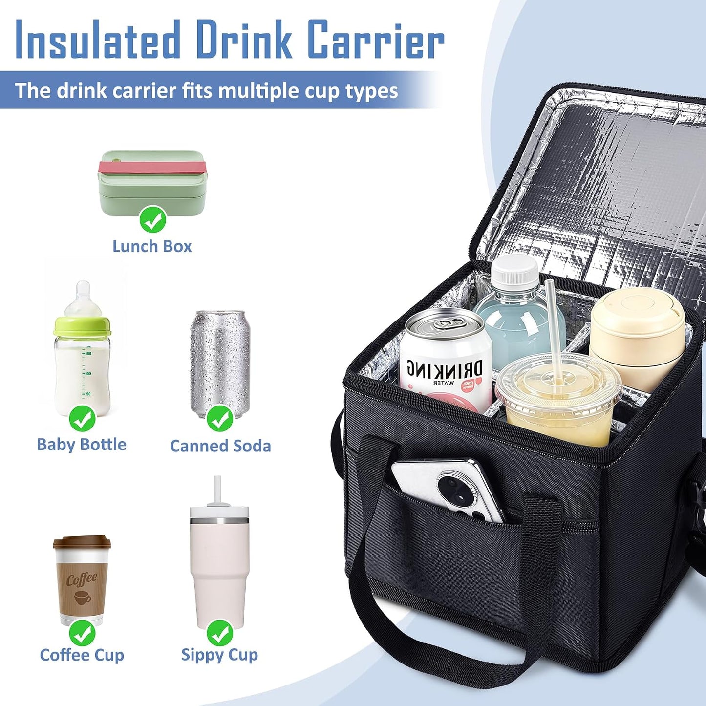 Drink Carrier with Handle for Car, 8.94"L x 8.27"W x 9.49"H, Black | Great for Car/Camping/Commuter Lunches, Customizable Anti-Tip Bottle Caddy, with Two Side Pockets