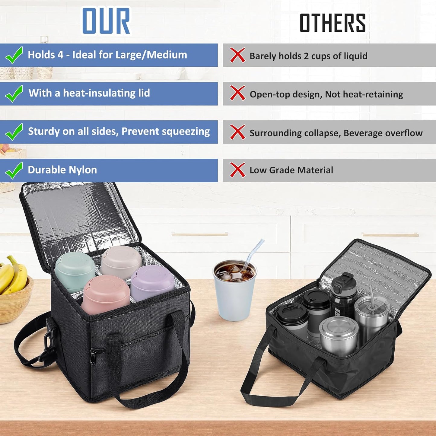 Drink Carrier with Handle for Car, 8.94"L x 8.27"W x 9.49"H, Black | Great for Car/Camping/Commuter Lunches, Customizable Anti-Tip Bottle Caddy, with Two Side Pockets