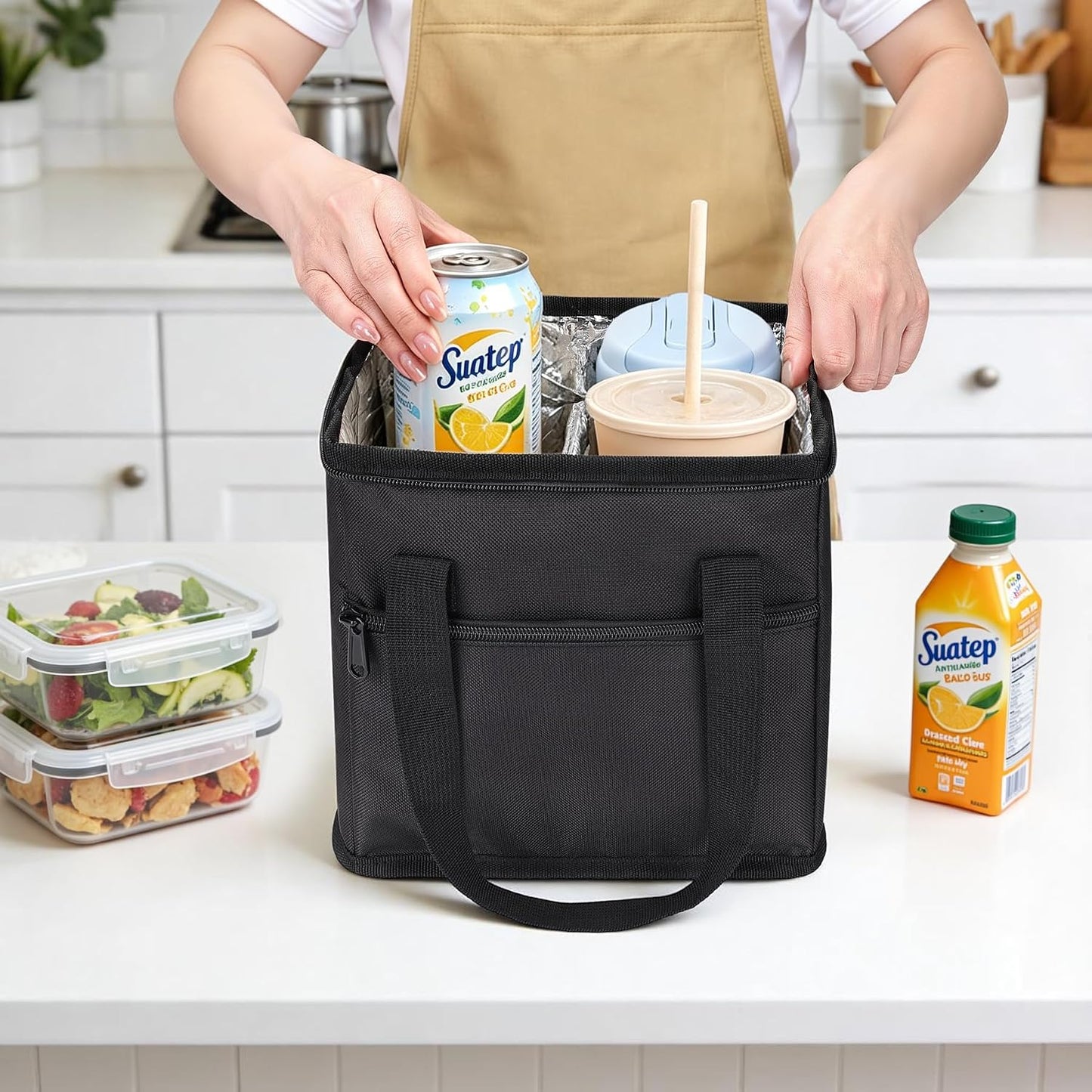 Drink Carrier with Handle for Car, 8.94"L x 8.27"W x 9.49"H, Black | Great for Car/Camping/Commuter Lunches, Customizable Anti-Tip Bottle Caddy, with Two Side Pockets