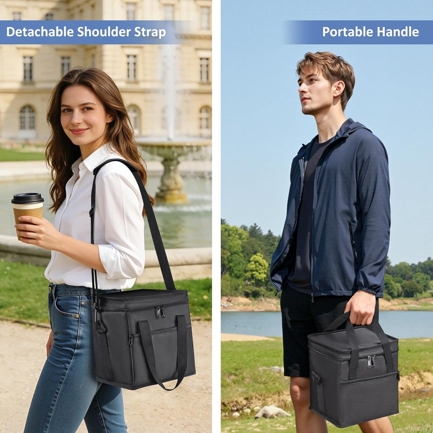 Drink Carrier with Handle for Car, 8.94"L x 8.27"W x 9.49"H, Black | Great for Car/Camping/Commuter Lunches, Customizable Anti-Tip Bottle Caddy, with Two Side Pockets