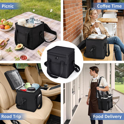 Drink Carrier with Handle for Car, 8.94"L x 8.27"W x 9.49"H, Black | Great for Car/Camping/Commuter Lunches, Customizable Anti-Tip Bottle Caddy, with Two Side Pockets