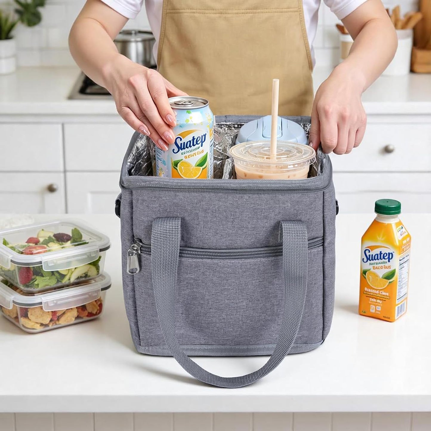 Drink Carrier with Handle for Car, 8.94"L x 8.27"W x 9.49"H, Black | Great for Car/Camping/Commuter Lunches, Customizable Anti-Tip Bottle Caddy, with Two Side Pockets