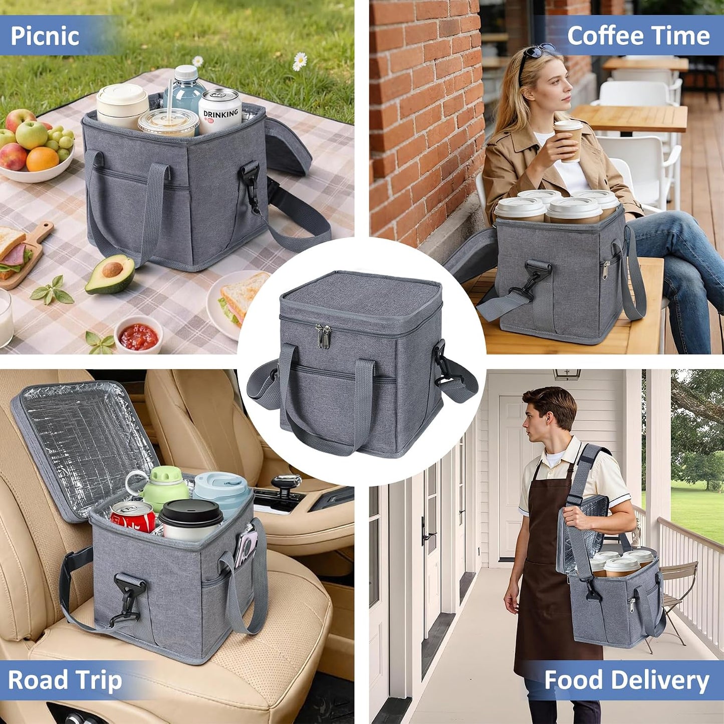 Drink Carrier with Handle for Car, 8.94"L x 8.27"W x 9.49"H, Black | Great for Car/Camping/Commuter Lunches, Customizable Anti-Tip Bottle Caddy, with Two Side Pockets