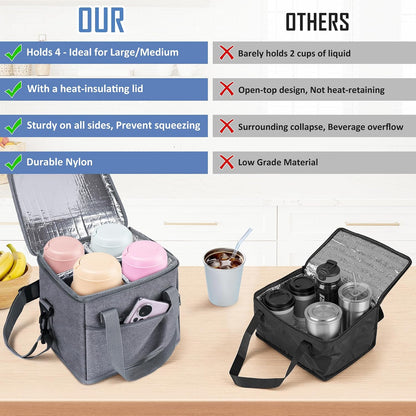 Drink Carrier with Handle for Car, 8.94"L x 8.27"W x 9.49"H, Black | Great for Car/Camping/Commuter Lunches, Customizable Anti-Tip Bottle Caddy, with Two Side Pockets