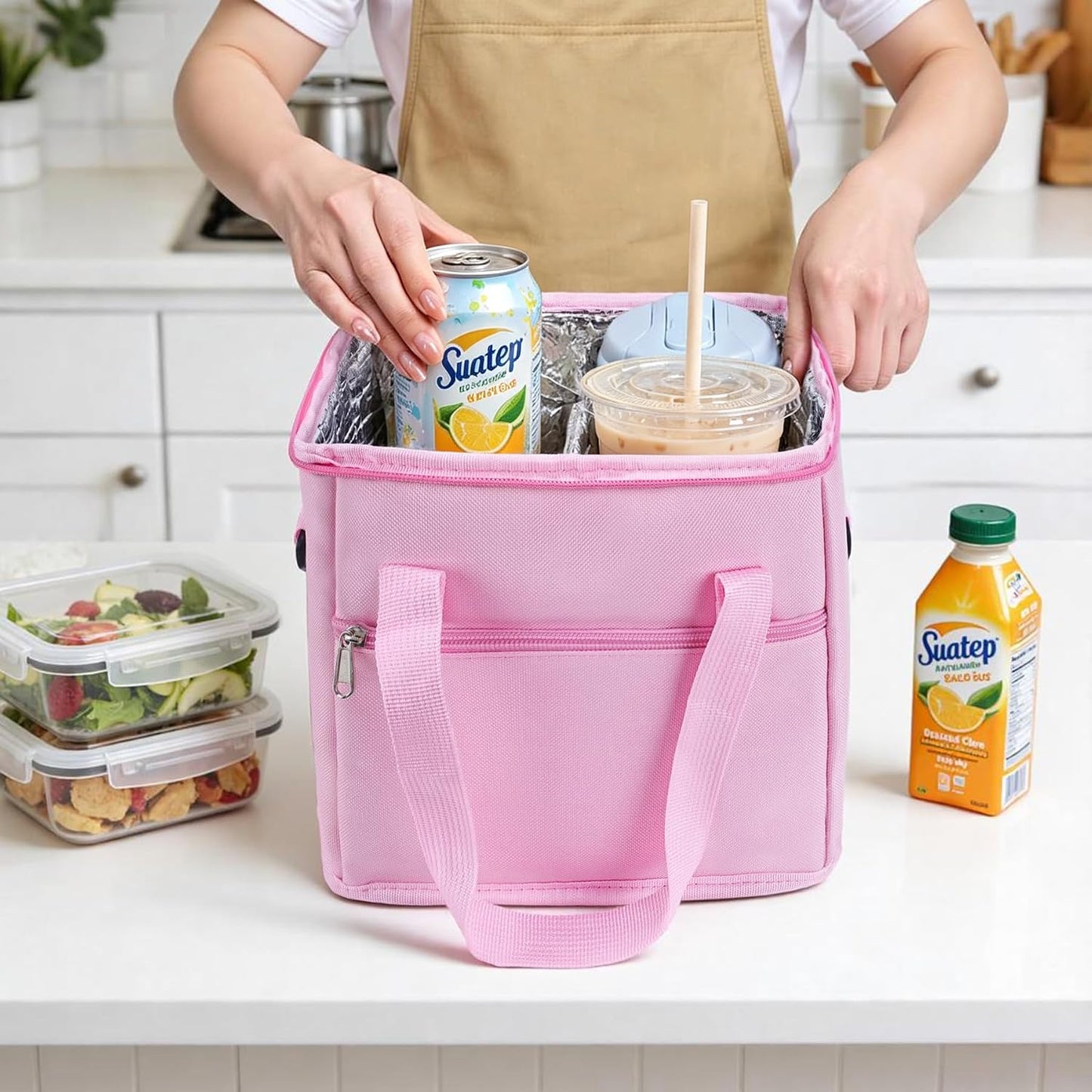 Drink Carrier with Handle for Car, 8.94"L x 8.27"W x 9.49"H, Black | Great for Car/Camping/Commuter Lunches, Customizable Anti-Tip Bottle Caddy, with Two Side Pockets