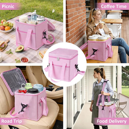Drink Carrier with Handle for Car, 8.94"L x 8.27"W x 9.49"H, Black | Great for Car/Camping/Commuter Lunches, Customizable Anti-Tip Bottle Caddy, with Two Side Pockets