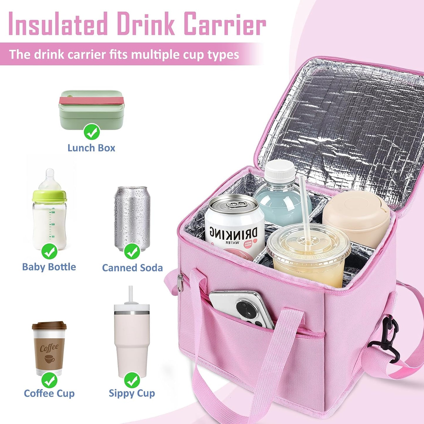 Drink Carrier with Handle for Car, 8.94"L x 8.27"W x 9.49"H, Black | Great for Car/Camping/Commuter Lunches, Customizable Anti-Tip Bottle Caddy, with Two Side Pockets