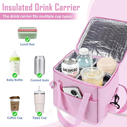 Drink Carrier with Handle for Car, 8.94"L x 8.27"W x 9.49"H, Black | Great for Car/Camping/Commuter Lunches, Customizable Anti-Tip Bottle Caddy, with Two Side Pockets