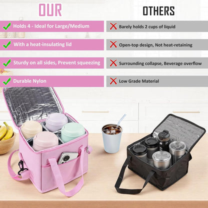 Drink Carrier with Handle for Car, 8.94"L x 8.27"W x 9.49"H, Black | Great for Car/Camping/Commuter Lunches, Customizable Anti-Tip Bottle Caddy, with Two Side Pockets