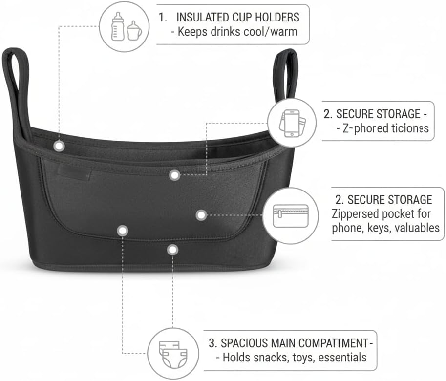 Universal Stroller Organizer Bag – Premium Cup Holder, Phone Pocket & Large Storage – Multi-Purpose Handlebar Caddy for Strollers, Walkers, Rollators, Scooters & Daily Commuting