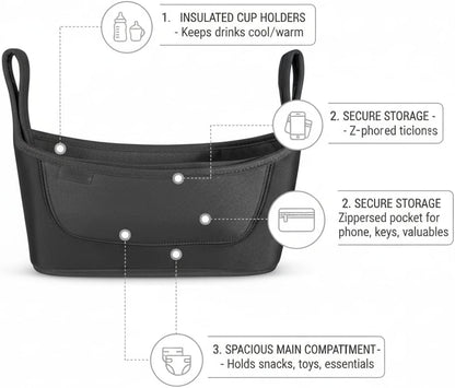 Universal Stroller Organizer Bag – Premium Cup Holder, Phone Pocket & Large Storage – Multi-Purpose Handlebar Caddy for Strollers, Walkers, Rollators, Scooters & Daily Commuting