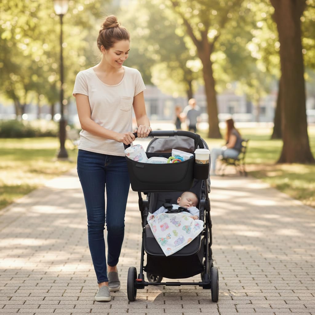 Universal Stroller Organizer Bag – Premium Cup Holder, Phone Pocket & Large Storage – Multi-Purpose Handlebar Caddy for Strollers, Walkers, Rollators, Scooters & Daily Commuting