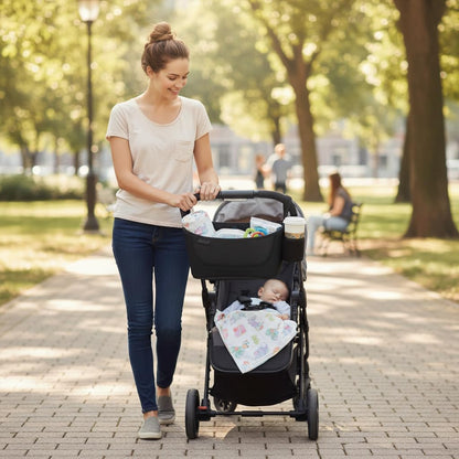 Universal Stroller Organizer Bag – Premium Cup Holder, Phone Pocket & Large Storage – Multi-Purpose Handlebar Caddy for Strollers, Walkers, Rollators, Scooters & Daily Commuting