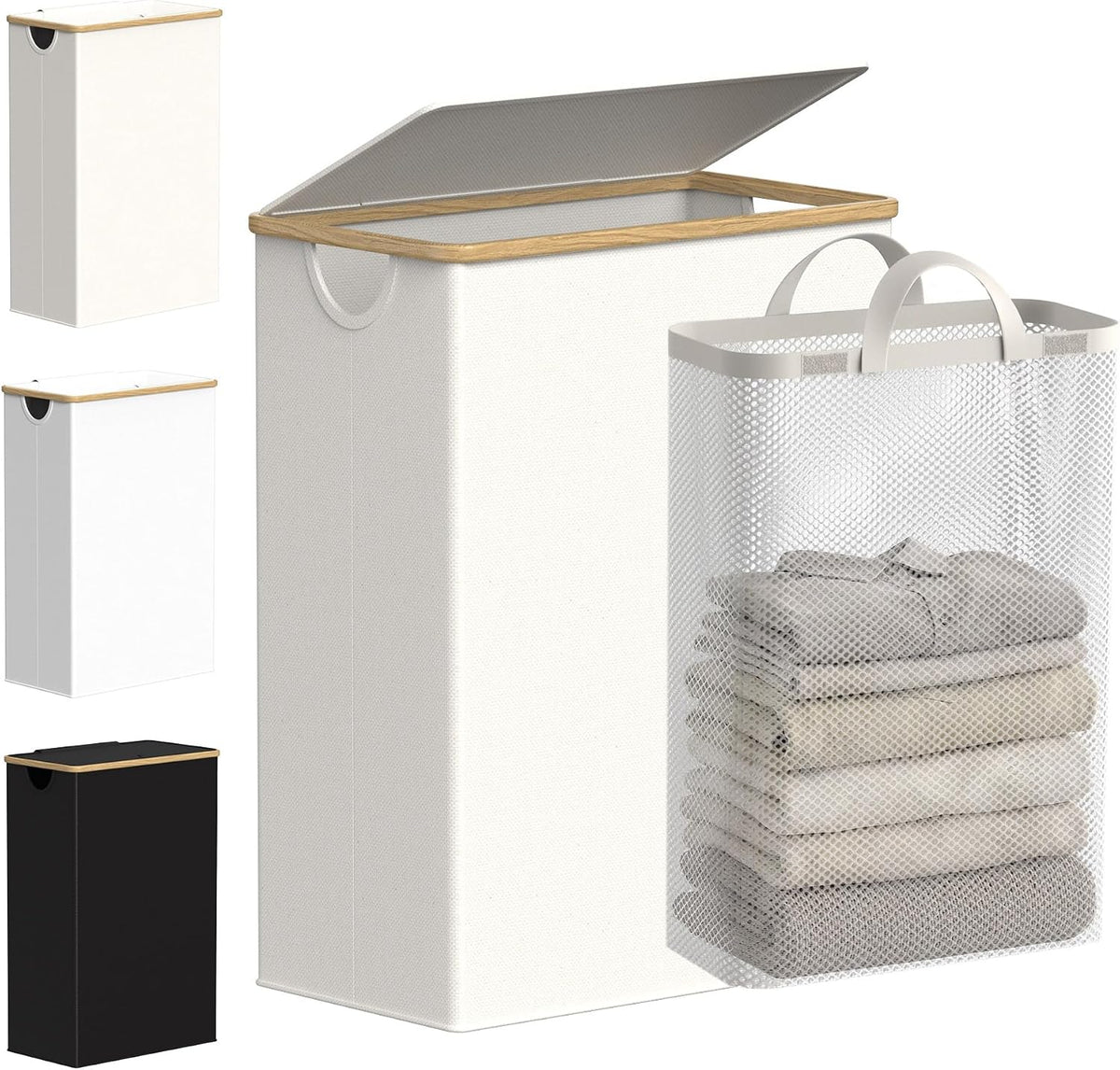 Slim Laundry Basket with Lid, Narrow Laundry Hamper with Removable Bag, Skinny Dirty Clothes Basket with Bamboo Handles for Bathroom, Bedroom & Laundry Room, 90L Beige
