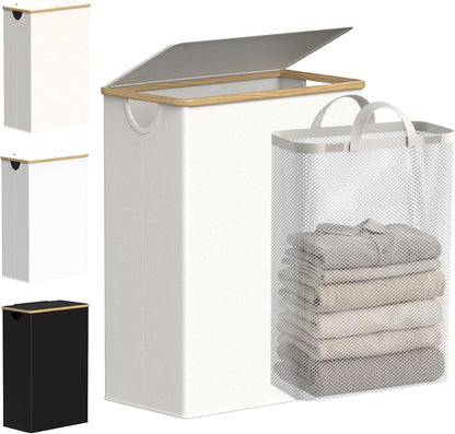 Slim Laundry Basket with Lid, Narrow Laundry Hamper with Removable Bag, Skinny Dirty Clothes Basket with Bamboo Handles for Bathroom, Bedroom & Laundry Room, 90L Beige