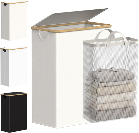 Slim Laundry Basket with Lid, Narrow Laundry Hamper with Removable Bag, Skinny Dirty Clothes Basket with Bamboo Handles for Bathroom, Bedroom & Laundry Room, 90L Beige