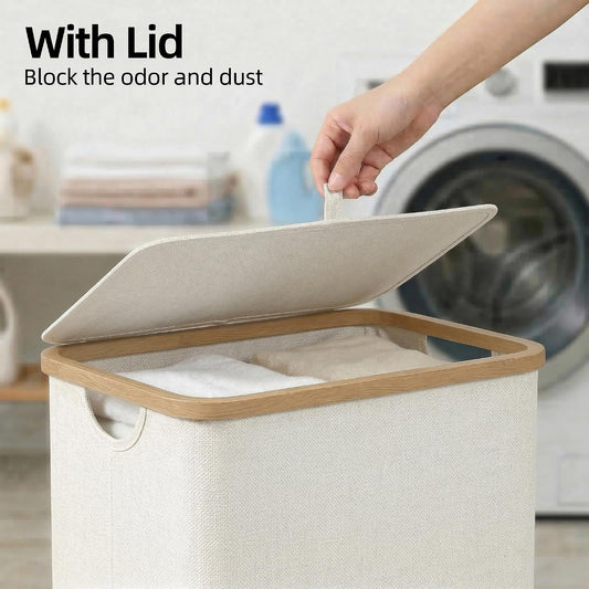Slim Laundry Basket with Lid, Narrow Laundry Hamper with Removable Bag, Skinny Dirty Clothes Basket with Bamboo Handles for Bathroom, Bedroom & Laundry Room, 90L Beige