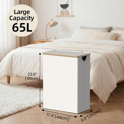 Slim Laundry Basket with Lid, Narrow Laundry Hamper with Removable Bag, Skinny Dirty Clothes Basket with Bamboo Handles for Bathroom, Bedroom & Laundry Room, 90L Beige