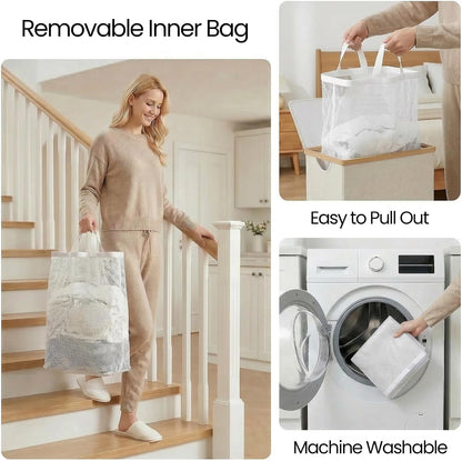 Slim Laundry Basket with Lid, Narrow Laundry Hamper with Removable Bag, Skinny Dirty Clothes Basket with Bamboo Handles for Bathroom, Bedroom & Laundry Room, 90L Beige