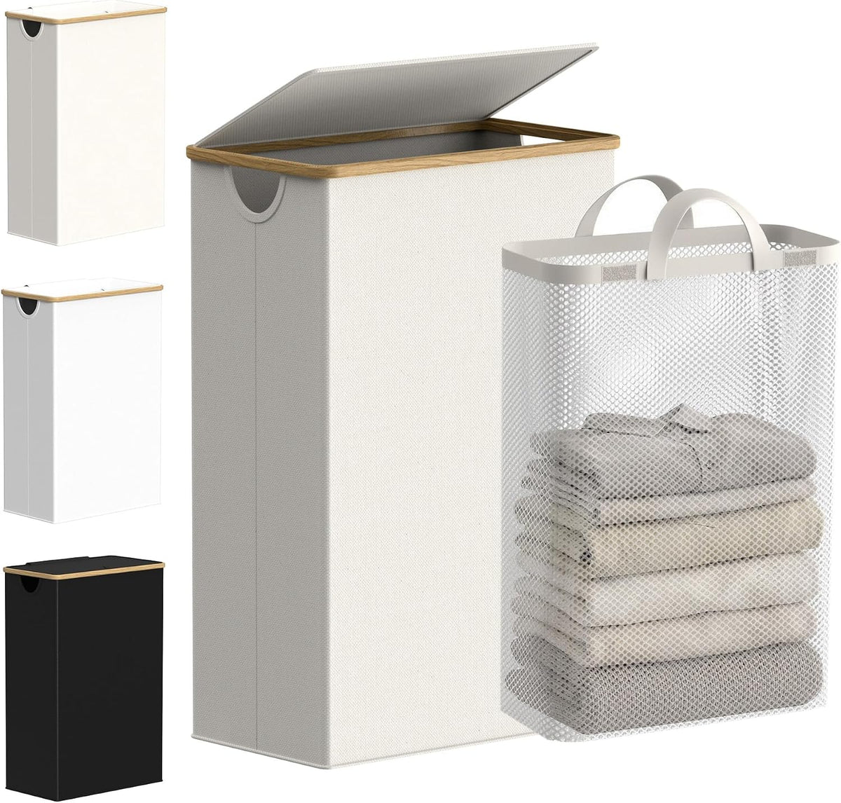 Slim Laundry Basket with Lid, Narrow Laundry Hamper with Removable Bag, Skinny Dirty Clothes Basket with Bamboo Handles for Bathroom, Bedroom & Laundry Room, 90L Beige