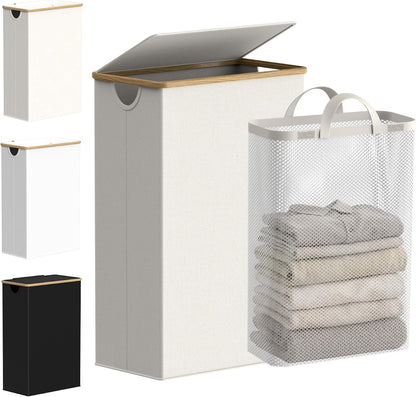 Slim Laundry Basket with Lid, Narrow Laundry Hamper with Removable Bag, Skinny Dirty Clothes Basket with Bamboo Handles for Bathroom, Bedroom & Laundry Room, 90L Beige
