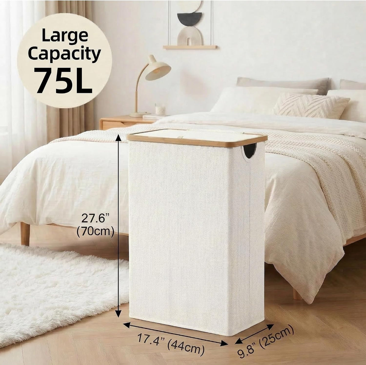 Slim Laundry Basket with Lid, Narrow Laundry Hamper with Removable Bag, Skinny Dirty Clothes Basket with Bamboo Handles for Bathroom, Bedroom & Laundry Room, 90L Beige