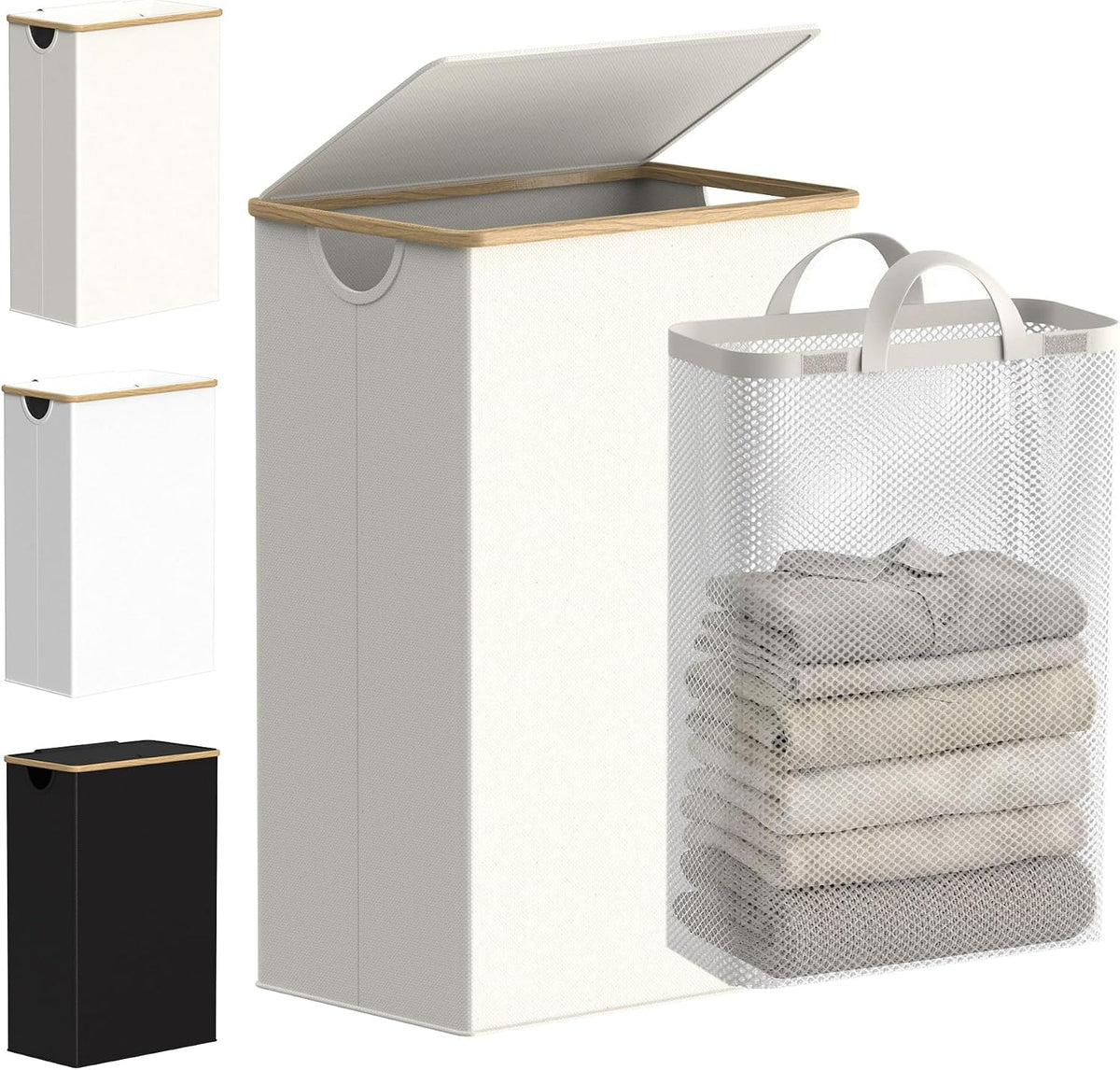 Slim Laundry Basket with Lid, Narrow Laundry Hamper with Removable Bag, Skinny Dirty Clothes Basket with Bamboo Handles for Bathroom, Bedroom & Laundry Room, 90L Beige