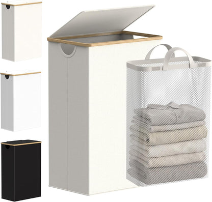 Slim Laundry Basket with Lid, Narrow Laundry Hamper with Removable Bag, Skinny Dirty Clothes Basket with Bamboo Handles for Bathroom, Bedroom & Laundry Room, 90L Beige