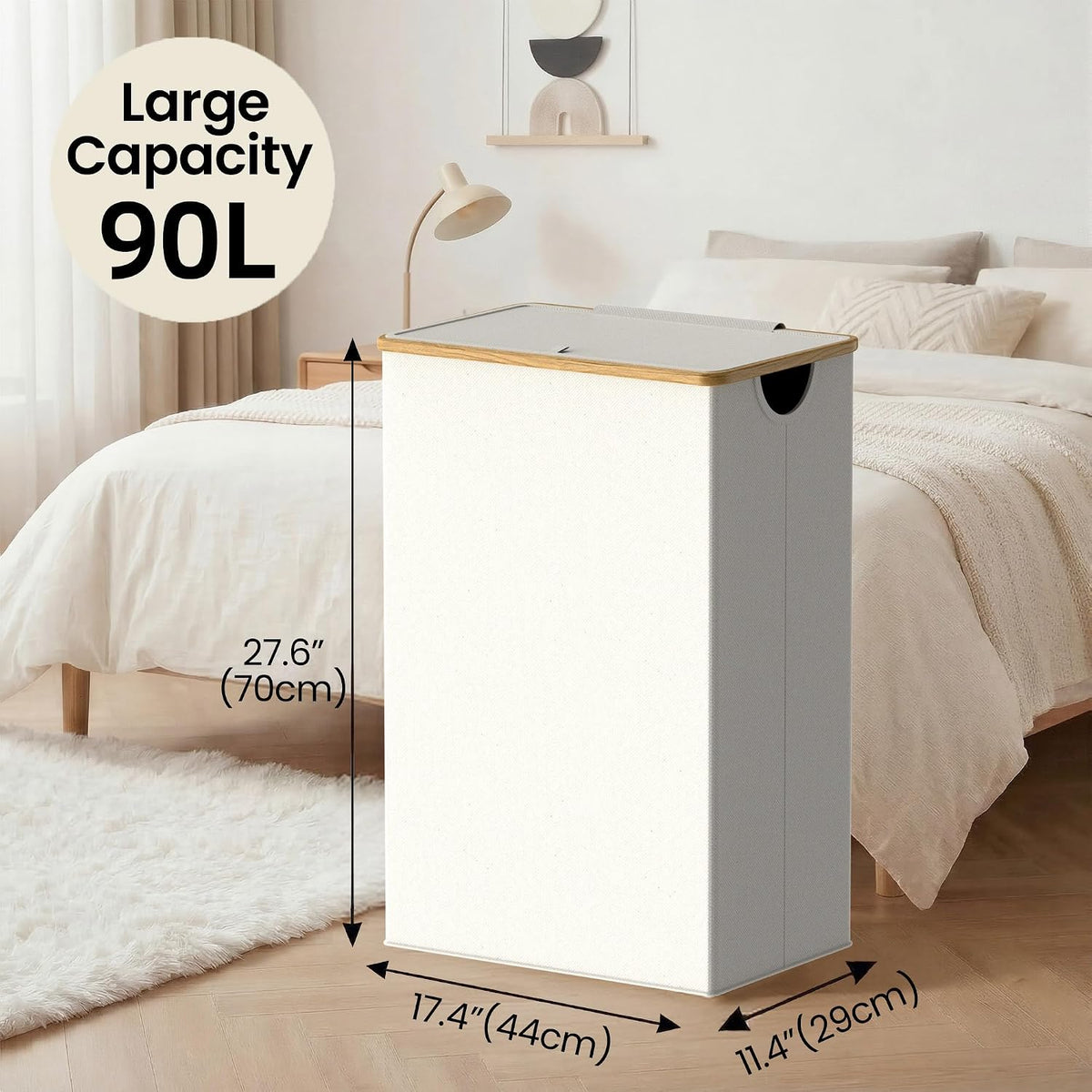 Slim Laundry Basket with Lid, Narrow Laundry Hamper with Removable Bag, Skinny Dirty Clothes Basket with Bamboo Handles for Bathroom, Bedroom & Laundry Room, 90L Beige