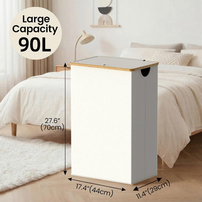 Slim Laundry Basket with Lid, Narrow Laundry Hamper with Removable Bag, Skinny Dirty Clothes Basket with Bamboo Handles for Bathroom, Bedroom & Laundry Room, 90L Beige