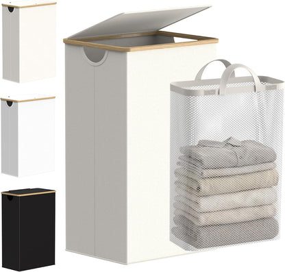 Slim Laundry Basket with Lid, Narrow Laundry Hamper with Removable Bag, Skinny Dirty Clothes Basket with Bamboo Handles for Bathroom, Bedroom & Laundry Room, 90L Beige