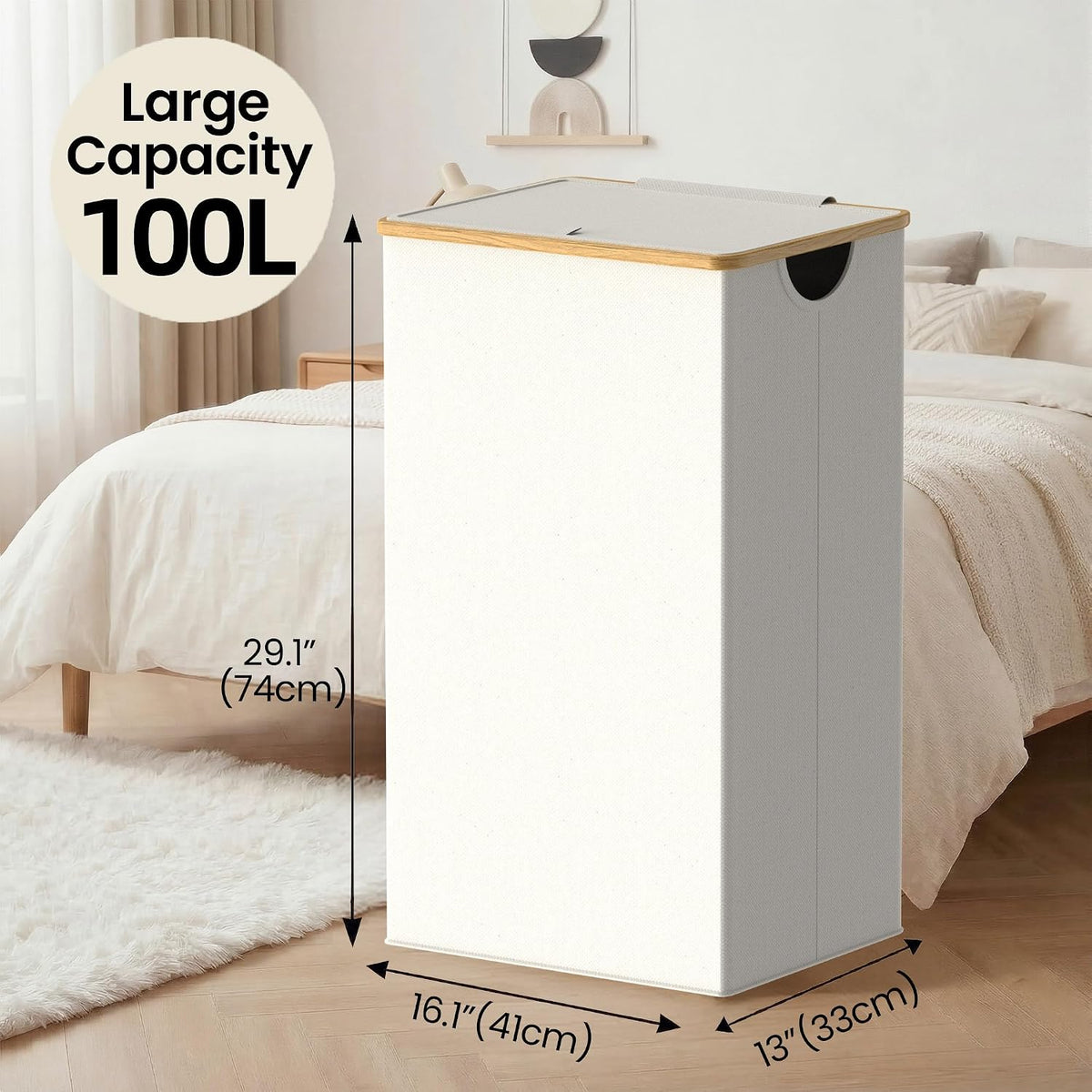 Slim Laundry Basket with Lid, Narrow Laundry Hamper with Removable Bag, Skinny Dirty Clothes Basket with Bamboo Handles for Bathroom, Bedroom & Laundry Room, 90L Beige