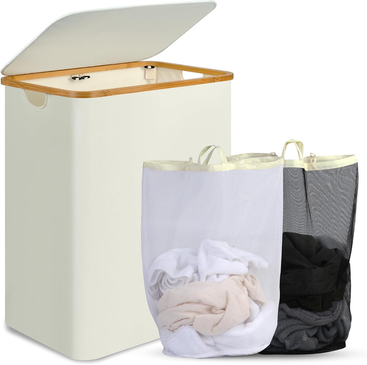 Slim Laundry Basket with Lid, Narrow Laundry Hamper with Removable Bag, Skinny Dirty Clothes Basket with Bamboo Handles for Bathroom, Bedroom & Laundry Room, 90L Beige