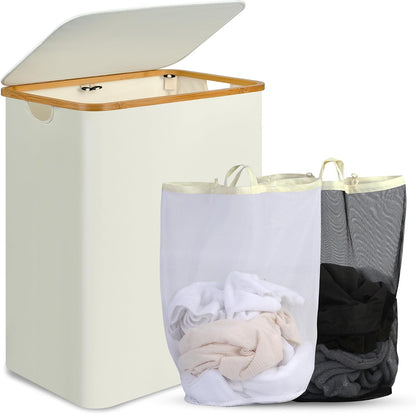 Slim Laundry Basket with Lid, Narrow Laundry Hamper with Removable Bag, Skinny Dirty Clothes Basket with Bamboo Handles for Bathroom, Bedroom & Laundry Room, 90L Beige